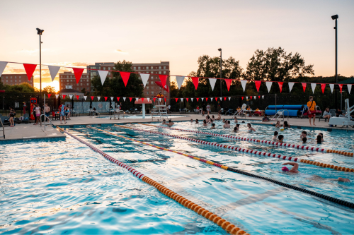 Eppley Recreation Center outdoor aquatic center at sunset