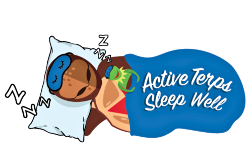 Cartoon version of Testudo sleeping with the slogan "Active Terps Sleep Well"