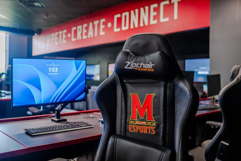 Terps Esports Center gaming chair and desktop computer